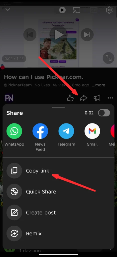 A user clicking the Share button on YouTube to copy the video link, the first step to use a YouTube thumbnail downloader.